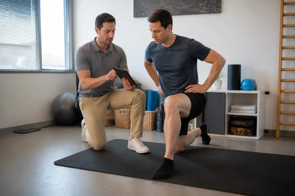 Kinésithérapeute présentant un exercice de rééducation à un patient avec une tablette