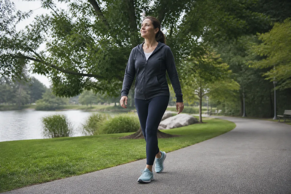 Personne marchant doucement dans un parc avec une tenue confortable pour une activité physique adaptée à l inflammation chronique
