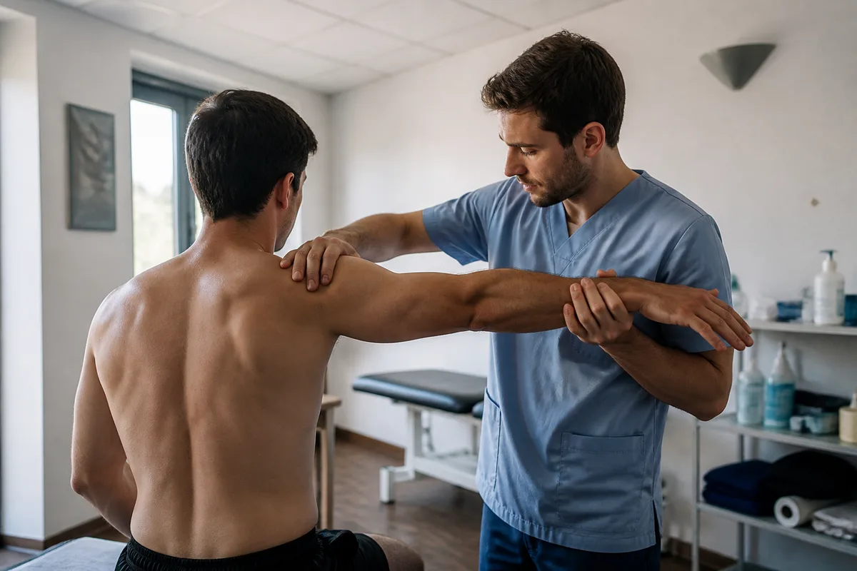 Masseur-kinésithérapeute évaluant la mobilité d’une épaule pendant un bilan de rééducation