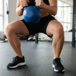 Squat gobelet avec une kettlebell bleue tenue contre la poitrine, genoux fléchis dans l'axe des pieds