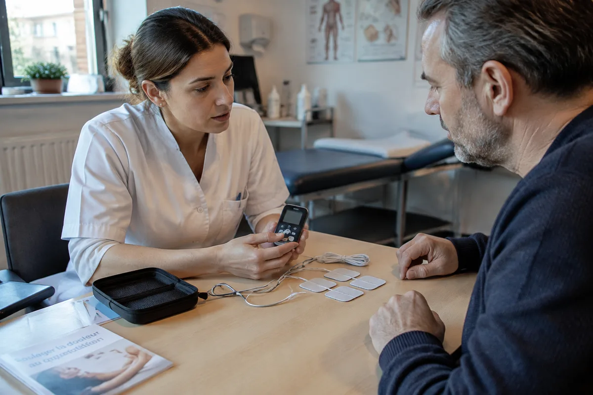 Appareil de TENS présenté lors d’un échange entre une personne et un professionnel de santé